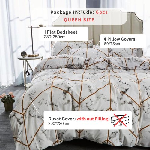 Queen/Double size bedding set of 6 pieces, marble design. - BusDeals