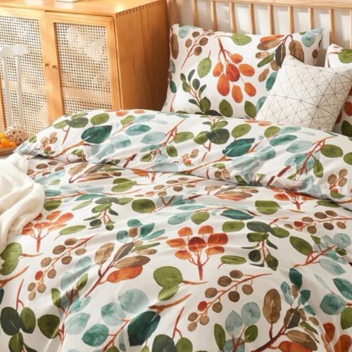 Queen/Double size Bedding Set without filler 6 pieces , Green Color Leaves Design - BusDeals