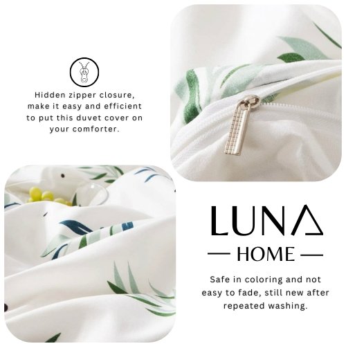 Queen/Double size Bedding Set without filler 6 pieces , Small Green leaves design. - BusDeals