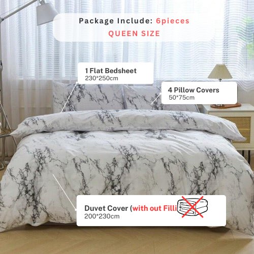 Queen/Double size marble design, bedding set of 6 pieces. - BusDeals