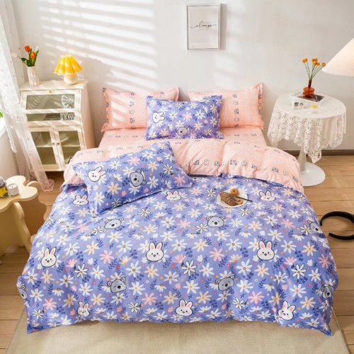 Queen/Double size without filler 6 pieces, Cute Flowers With Bunny Design, Bedding Set. - BusDeals