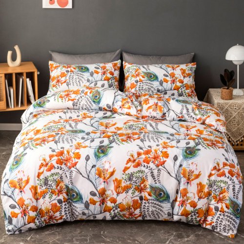 Queen/Double size without filler 6 pieces, Flower and leaves design, Bedding Set - BusDeals