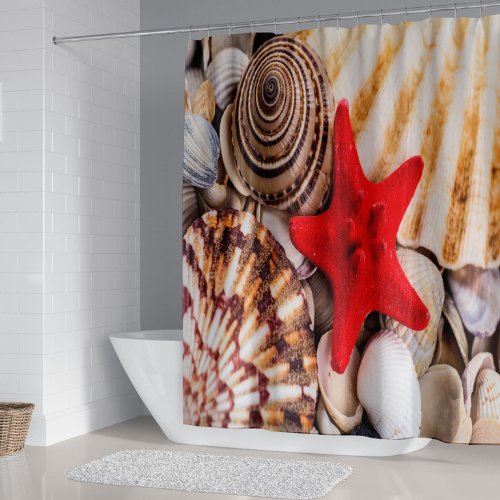 Red Starfish Design, Shower Curtain with 12 Hooks. - BusDeals