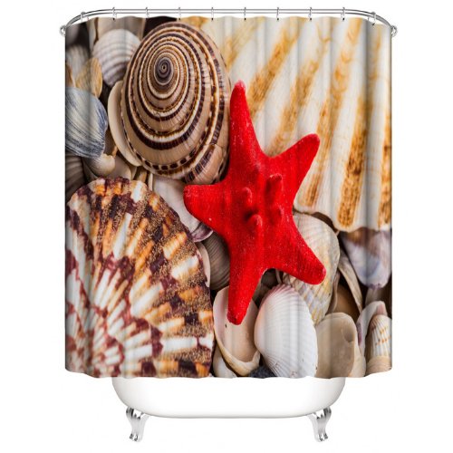 Red Starfish Design, Shower Curtain with 12 Hooks. - BusDeals