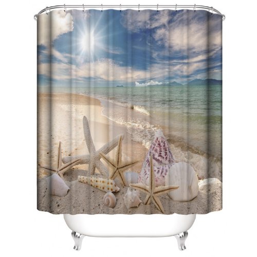 Seashells design, shower curtain with 12 hooks. - BusDeals