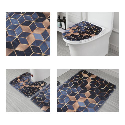 Set Of 3 Pcs, Bath Mat Set For Bathroom, Dark Blue Geometry Design. - BusDeals