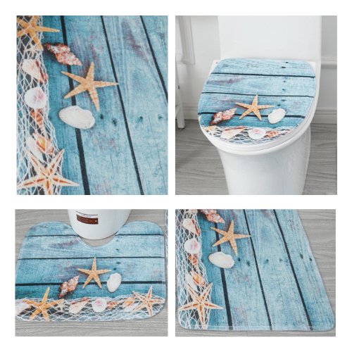 Set Of 3 Pcs, Bath Mat Set for Bathroom, Starfish Design, Blue Color. - BusDeals