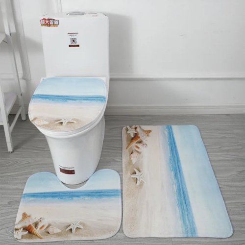 Set of 3pcs Bathroom Bath Mat Anti Slip, Beach Shelves Design - BusDeals