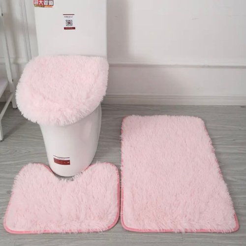 Set of 3pcs Plush Bathroom Bath Mat Anti Slip, Light Pink Color. - BusDeals