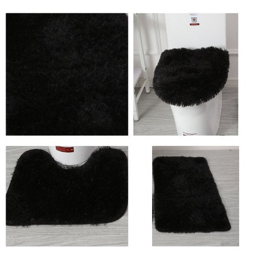 Set of 3pcs Plush Bathroom Bath Mat, Black Color, Anti Slip Toilet Rugs and Toilet Lid Cover. - BusDeals