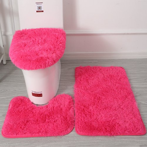 Set of 3pcs Plush Bathroom Bath Mat, Coral Color, Anti Slip Toilet Rugs and Toilet Lid Cover. - BusDeals