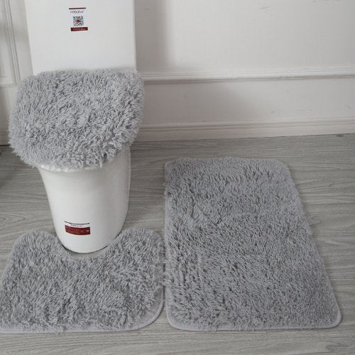 Set of 3pcs Plush Bathroom Bath Mat, Grey Color, Anti Slip Toilet Rugs and Toilet Lid Cover. - BusDeals