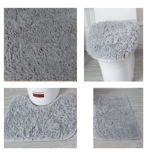 Set of 3pcs Plush Bathroom Bath Mat, Grey Color, Anti Slip Toilet Rugs and Toilet Lid Cover. - BusDeals