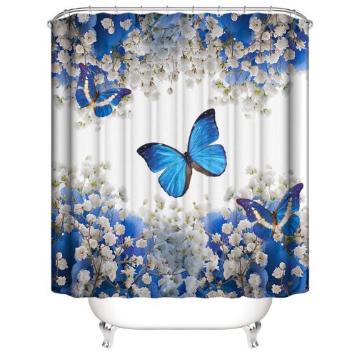 Shower curtain with 12 hooks, Blue butterfly design - BusDeals