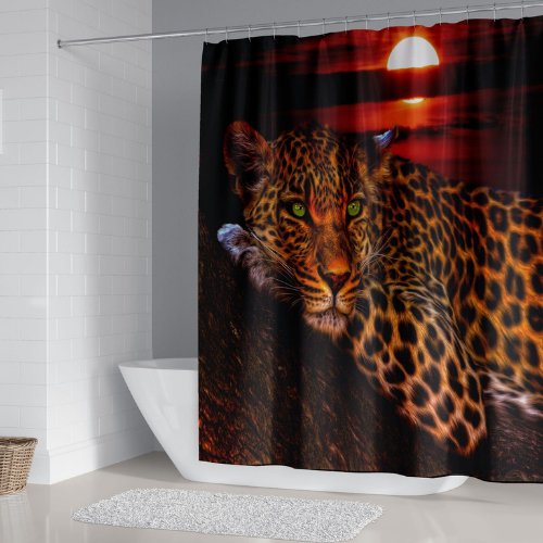 Shower curtain with 12 hooks, Leopard design - BusDeals