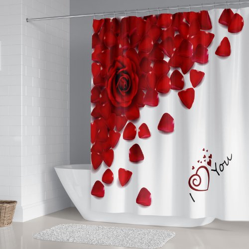 Shower curtain with 12 hooks, Red rose petals design - BusDeals