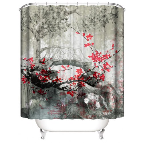 Shower curtain with 12 hooks, Sakura tree design - BusDeals
