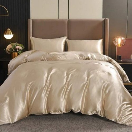Silky Satin, King Size 6-Piece Bedding Set, Plain Beige Color. - BusDeals