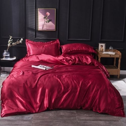 Silky Satin, King Size 6-Piece Bedding Set, Plain Dark red Color. - BusDeals