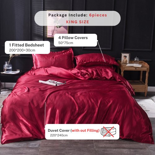 Silky Satin, King Size 6-Piece Bedding Set, Plain Dark Red Color. - BusDeals
