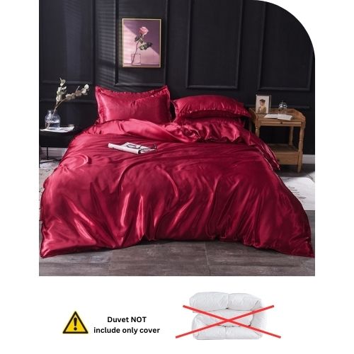 Silky Satin, King Size 6-Piece Bedding Set, Plain Dark red Color. - BusDeals