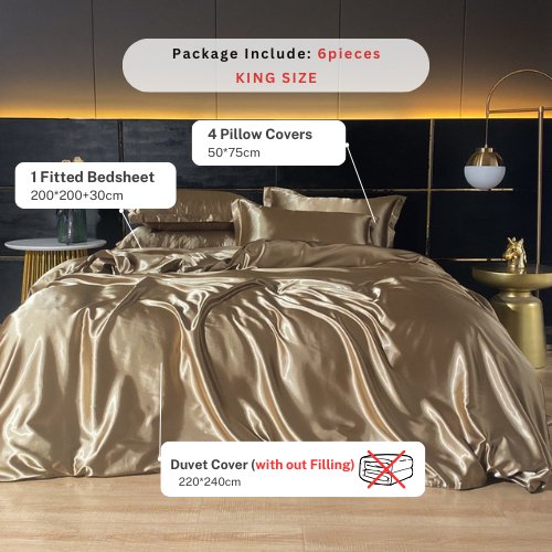 Silky Satin, King Size 6-Piece Bedding Set, Plain Gold Brown Color. - BusDeals