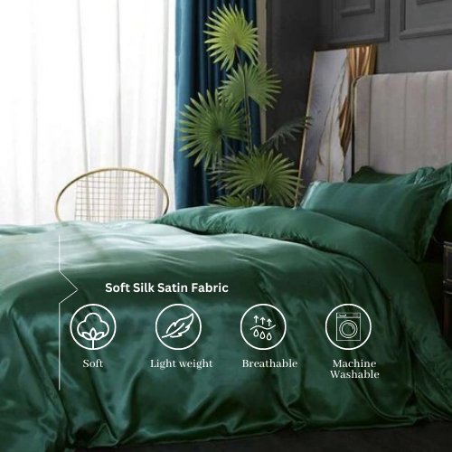 Silky Satin, King Size 6-Piece Bedding Set, Plain Green Color. - BusDeals