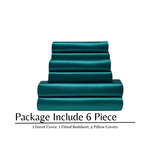 Silky Satin, King Size 6-Piece Bedding Set, Plain Green Color. - BusDeals