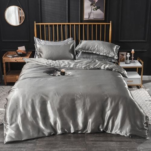 Silky Satin, King Size 6-Piece Bedding Set, Plain Silver Gray Color. - BusDeals