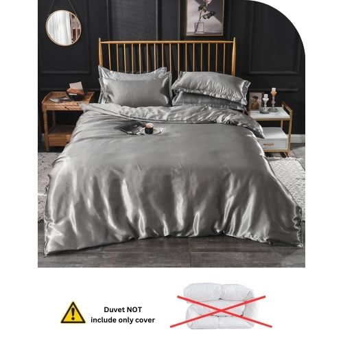 Silky Satin, King Size 6-Piece Bedding Set, Plain Silver Gray Color. - BusDeals