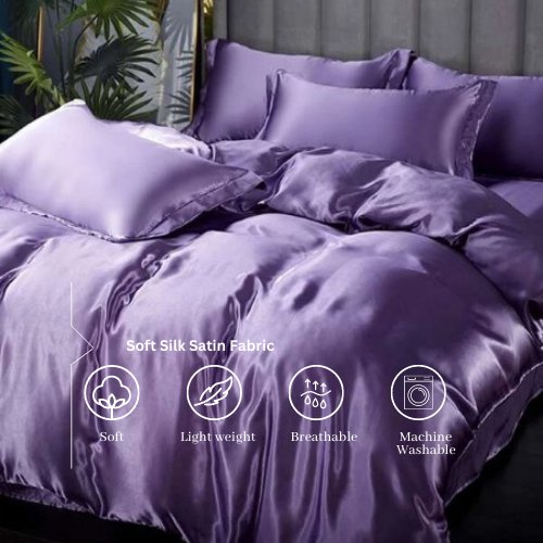 Silky Satin, King Size 6-Piece Duvet Cover Set, Plain Purple Color. - BusDeals