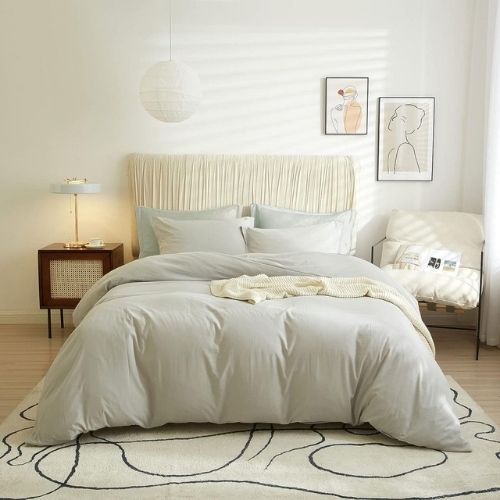 Single Size 4 Pieces Bedding Set, Washable Cotton Light Gray Color. - BusDeals