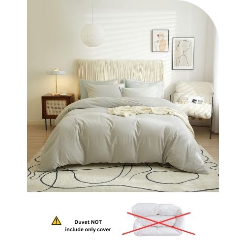 Single Size 4 Pieces Bedding Set, Washable Cotton Light Gray Color. - BusDeals