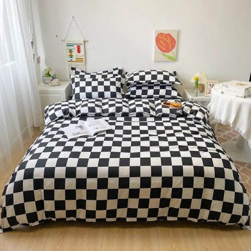 Single size 4 pieces Bedding Set without filler, Black and White Checkered Design - BusDeals