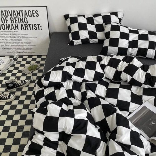 Single size 4 pieces Bedding Set without filler, Black and White Checkered Design - BusDeals