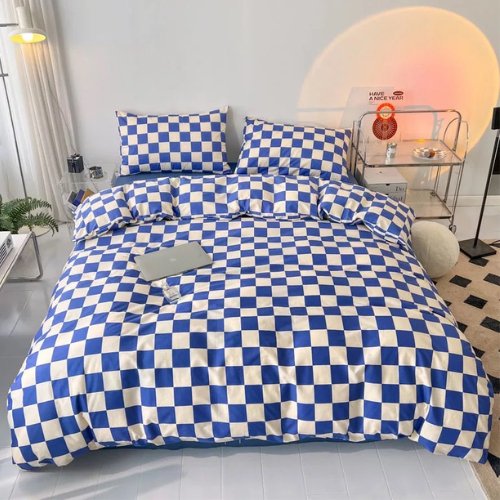 Single size 4 pieces Bedding Set without filler, Blue and White Checkered Design - BusDeals