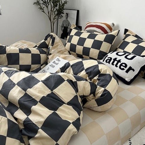 Single size 4 pieces Bedding Set without filler, Light Yellow and Grey Checkered design - BusDeals