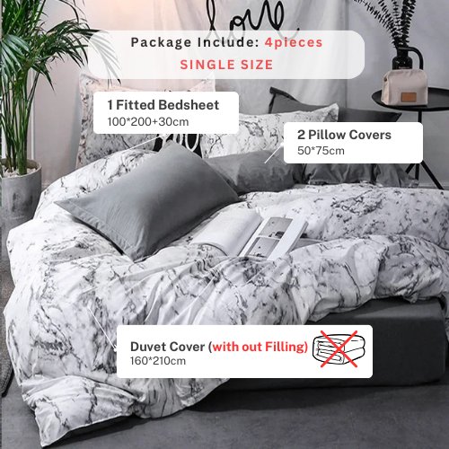 Single size 4 pieces Bedding Set without filler, Marble Design Grey Color - BusDeals