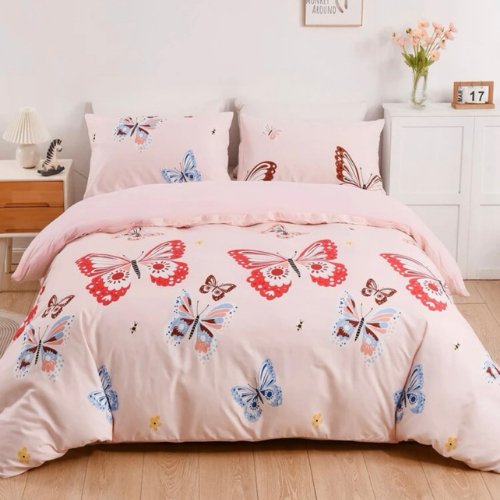 Single size 4 pieces Bedding Set without filler, Pink Color Butterfly Design - BusDeals