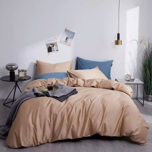 Single Size 4 Pieces Bedding Set without filler, Plain Beige Color with 2 Blue and 2 Beige Pillow Covers - BusDeals