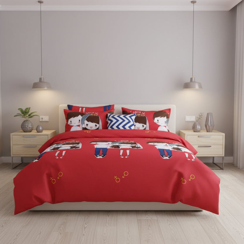 Single size 4 pieces Bedding Set without filler, Red Color Couple Design - BusDeals