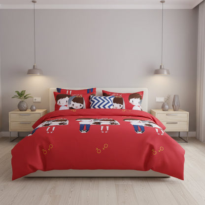 Single size 4 pieces Bedding Set without filler, Red Color Couple Design - BusDeals