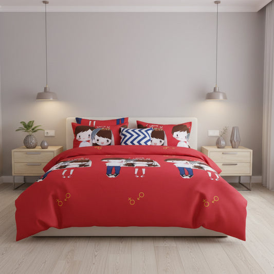 Single size 4 pieces Bedding Set without filler, Red Color Couple Design - BusDeals