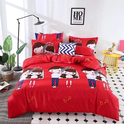 Single size 4 pieces Bedding Set without filler, Red Color Couple Design - BusDeals
