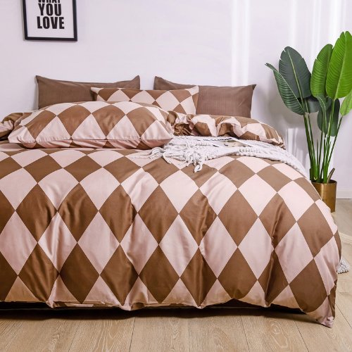 Single size 4 pieces Bedding Set without filler, Rhombs Design Brown Color - BusDeals