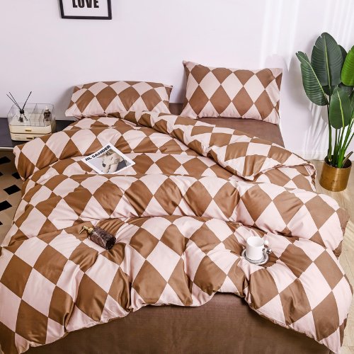 Single size 4 pieces Bedding Set without filler, Rhombs Design Brown Color - BusDeals