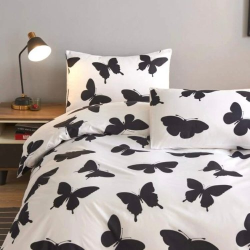 Single size 4 pieces Bedding Set without filler, White color with Black Buttefly design - BusDeals