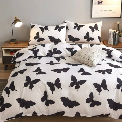 Single size 4 pieces Bedding Set without filler, White color with Black Buttefly design - BusDeals
