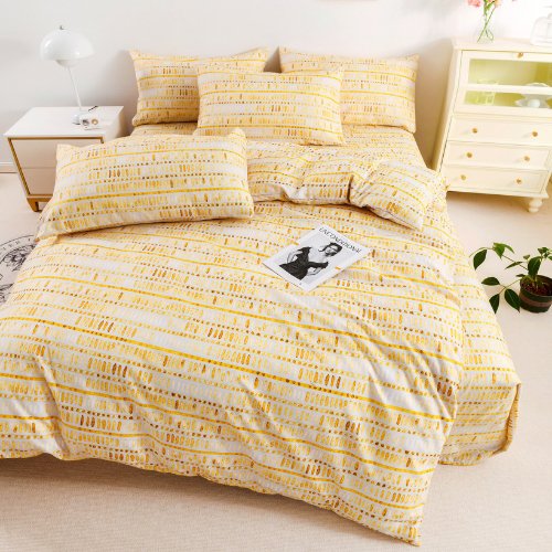 Single size 4 pieces Bedding Set without filler, Yellow Color Candy Stripe Design - BusDeals