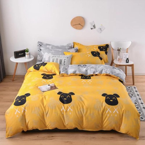 Single size 4 pieces Bedding Set without filler, Yellow Color Kaws Design - BusDeals